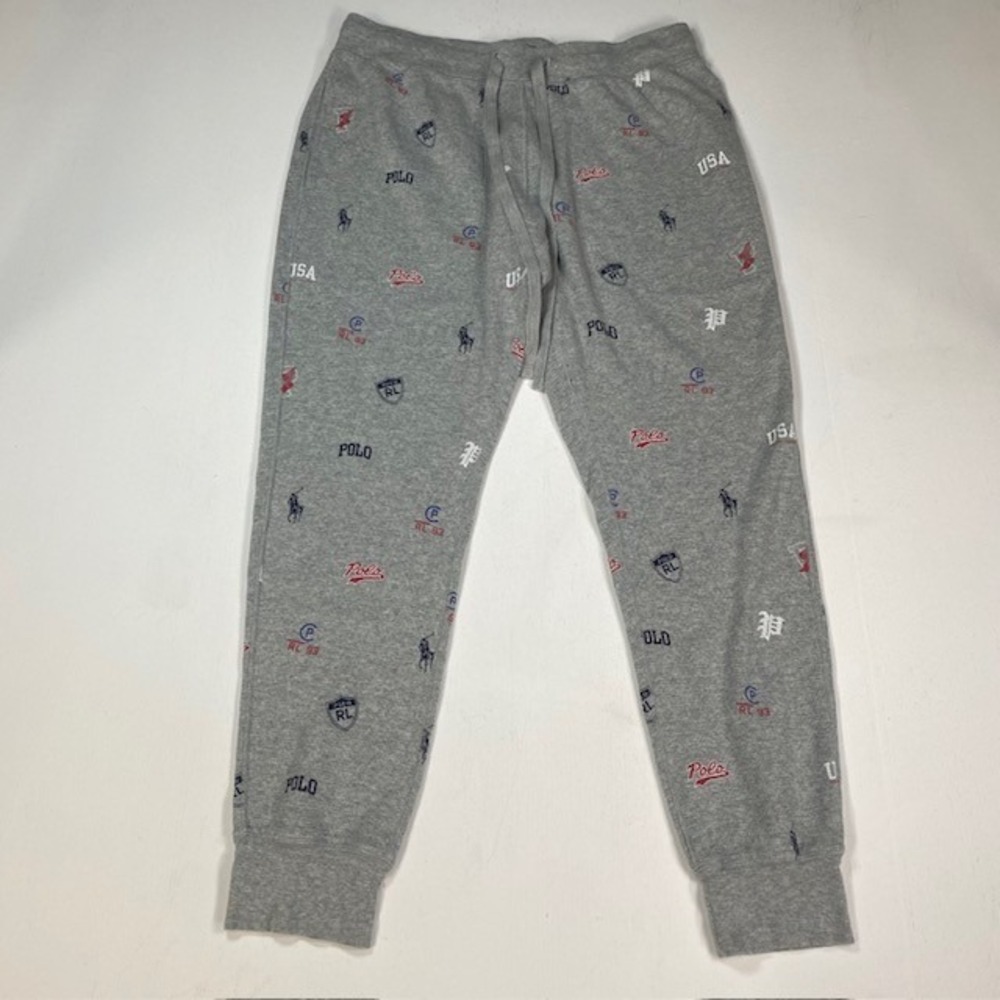 Polo Ralph Lauren Men Grey Waffle Knit Multi Logo Print Sleepwear Lounge Pants L